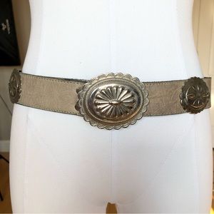 VINTAGE gray tooled leather cowgirl belt silver western buckle M/L